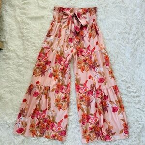Wide Leg Floral Ruffle pants w/ Tie
